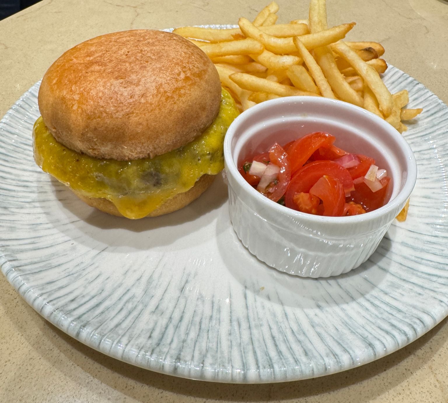 Beef Burger with Cheddar, French Fries & Tomatoes