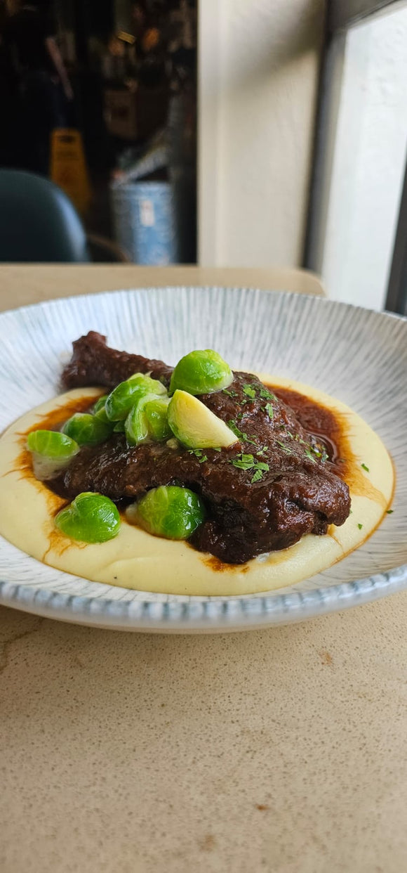 Red Wine Braised French Duck Leg with Celeriac Mashed & Brussels Sprouts