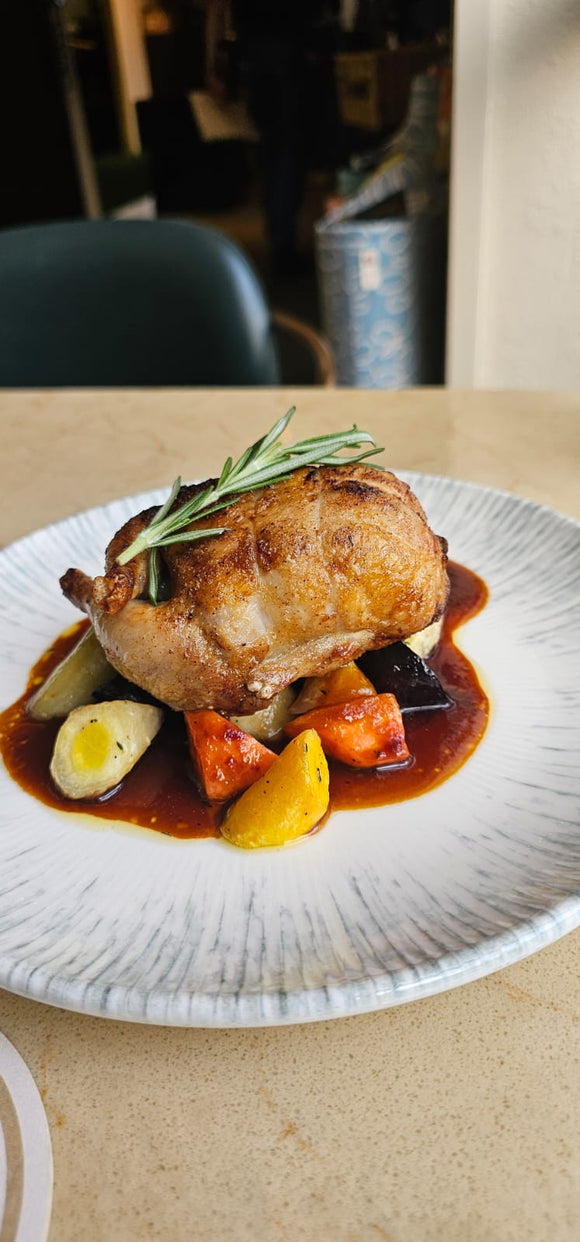 Roasted French Quail Stuffed with Foie Gras & Figs, Heirloom Carrots & Red Wine Sauce