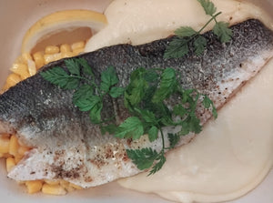 Oven Baked Seabass with Corn & Mashed Potatoes .