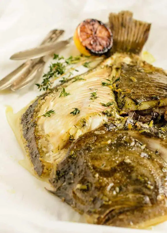 Oven Baked French Atlantic Turbot Fish with Lemon Butter, Capers & Croutons