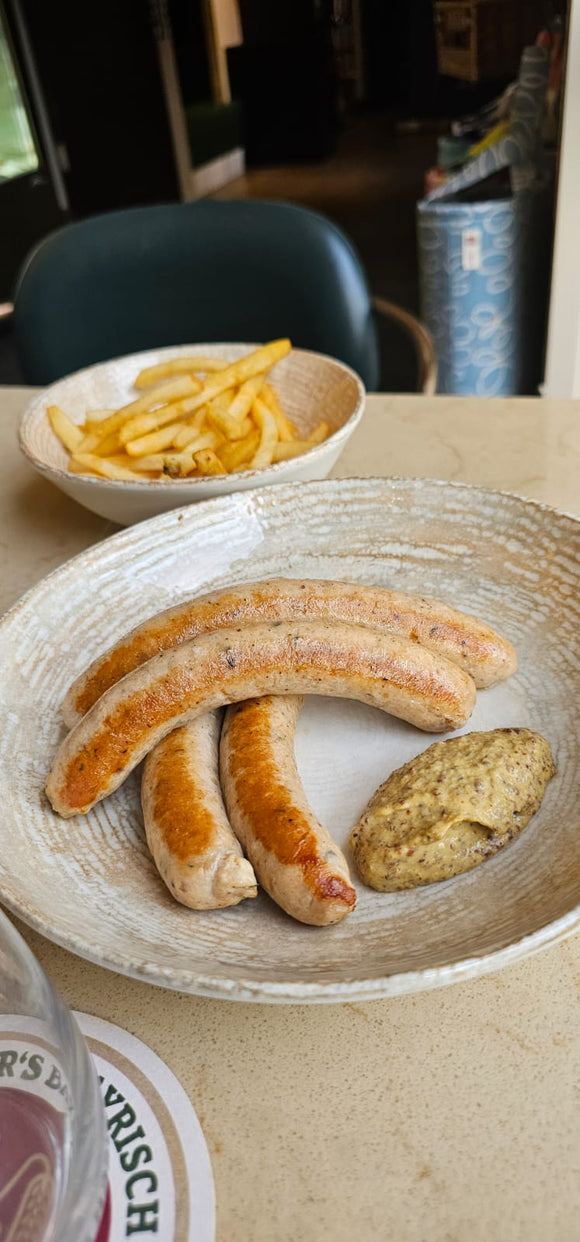 Homemade Turkey & Pork Sausage with Double Mustard and French Fries