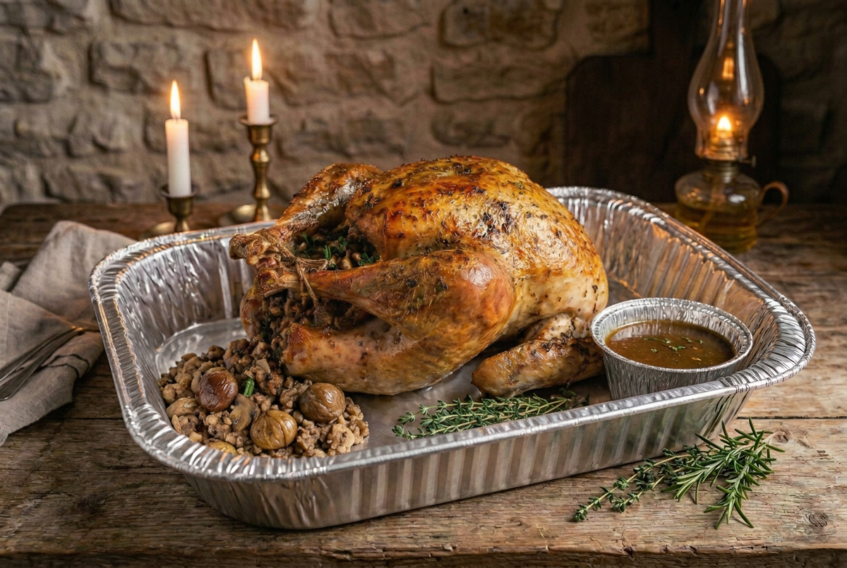 Whole Roasted US Turkey “40 Garlic Style” with Pork, Mushrooms & Chestnut Stuffing