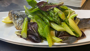 Oven Baked Whole Scottish Sea bass "Butterfly" with Mixed Green Salad & Spring Asparagus, Lemon Olive Oil Dressing