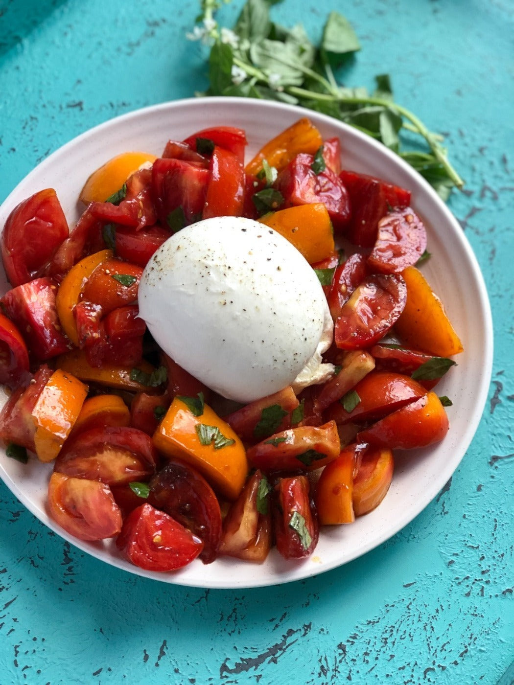 Japanese Tomatoes & Burrata Salad with Olive oil, Sherry vinegar & Fresh herbs